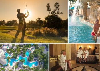 collage image of a man playing golf at Boca West, a couple at the pool, three women at the spa, and an arial image of the aquatics center