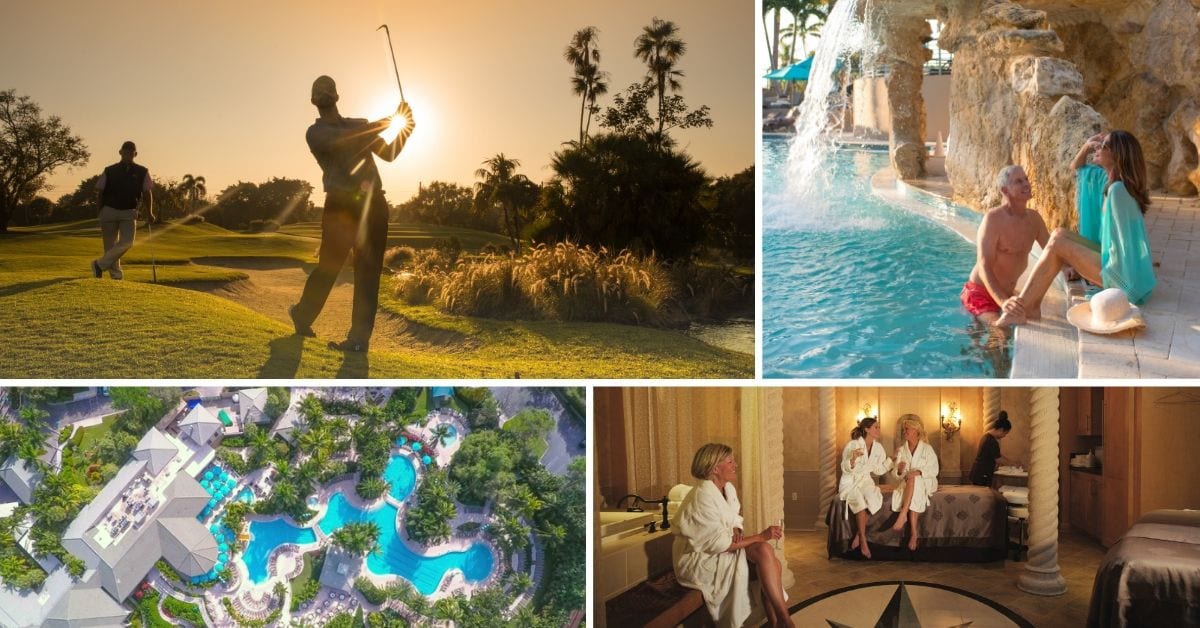 collage image of a man playing golf at Boca West, a couple at the pool, three women at the spa, and an arial image of the aquatics center