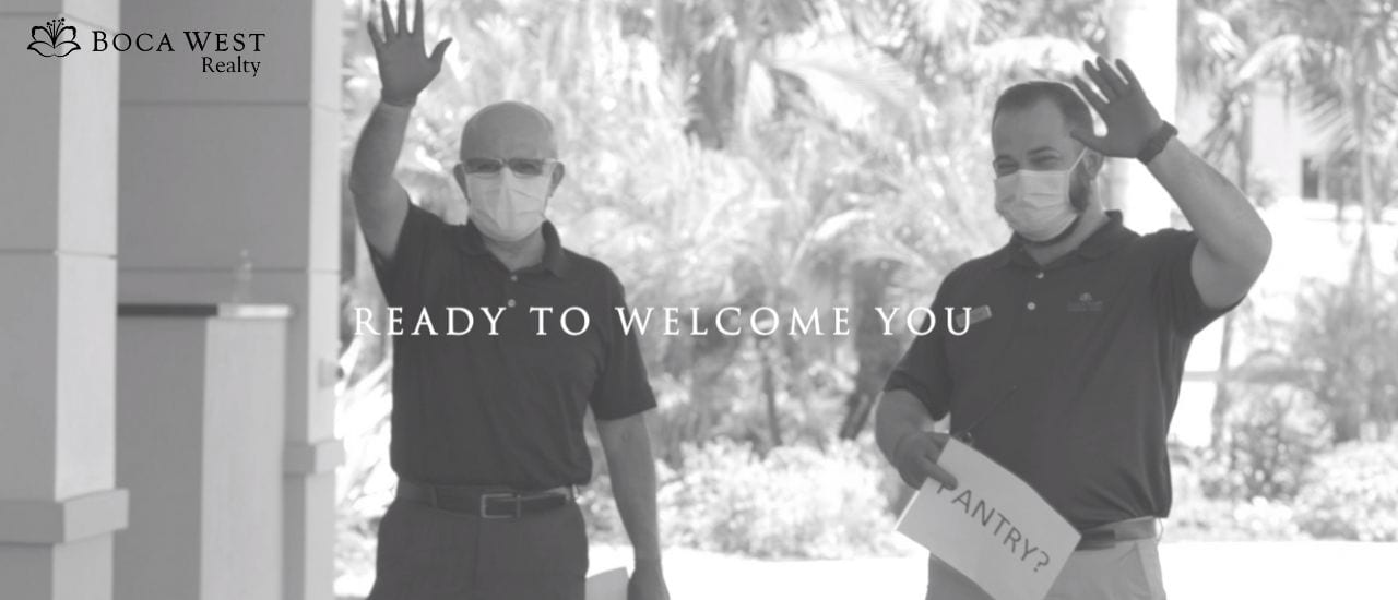 Boca West Employees standing outside with masks and gloves waiting for residents to pick up their pantry orders