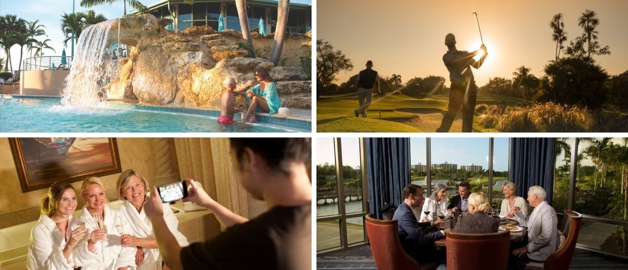 collage of boca west number one lifestyle, pool, golf, spa and dining