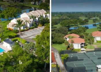 aerial view of 2 homes at boca west on the water