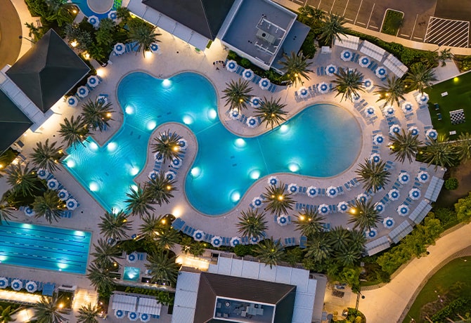 aerial of the boca west pool with lights one